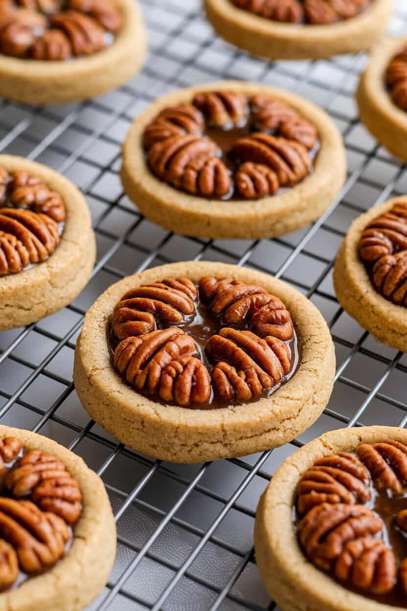 Photo prompt: A close-up indoor shot of pecan pie thumbprint cookies on a cooling rack, gooey brown-sugar filling glistening. No text or logos on rack or background.