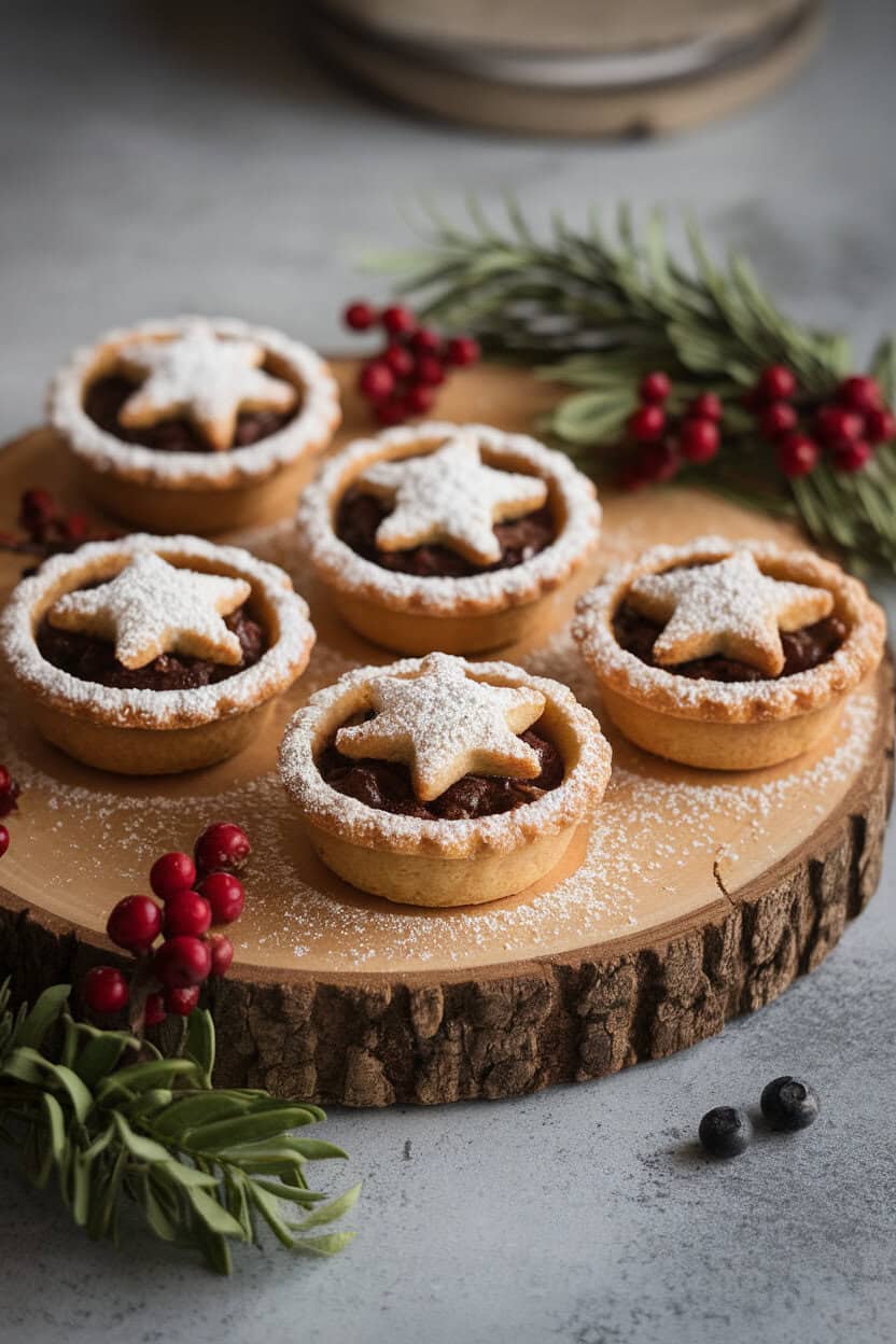 An indoor scene with individual mince pies on a rustic wooden board, star-shaped pastry tops dusted with icing sugar; no text or logos. Photo, not illustration.
