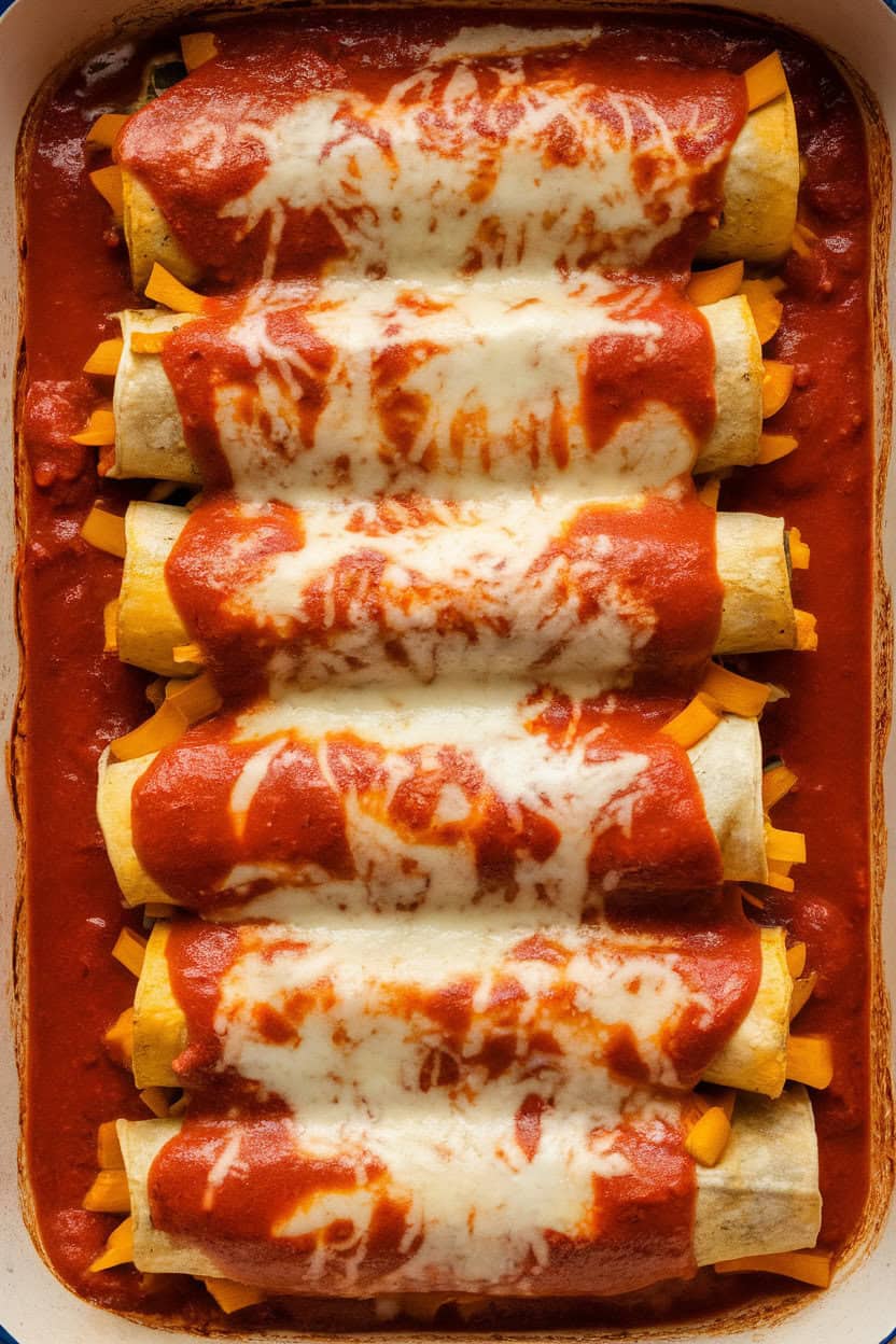 Indoor photo of a baking dish with rolled enchiladas smothered in red sauce and melted cheese, bright squash filling peeking at the ends; no text or logos.