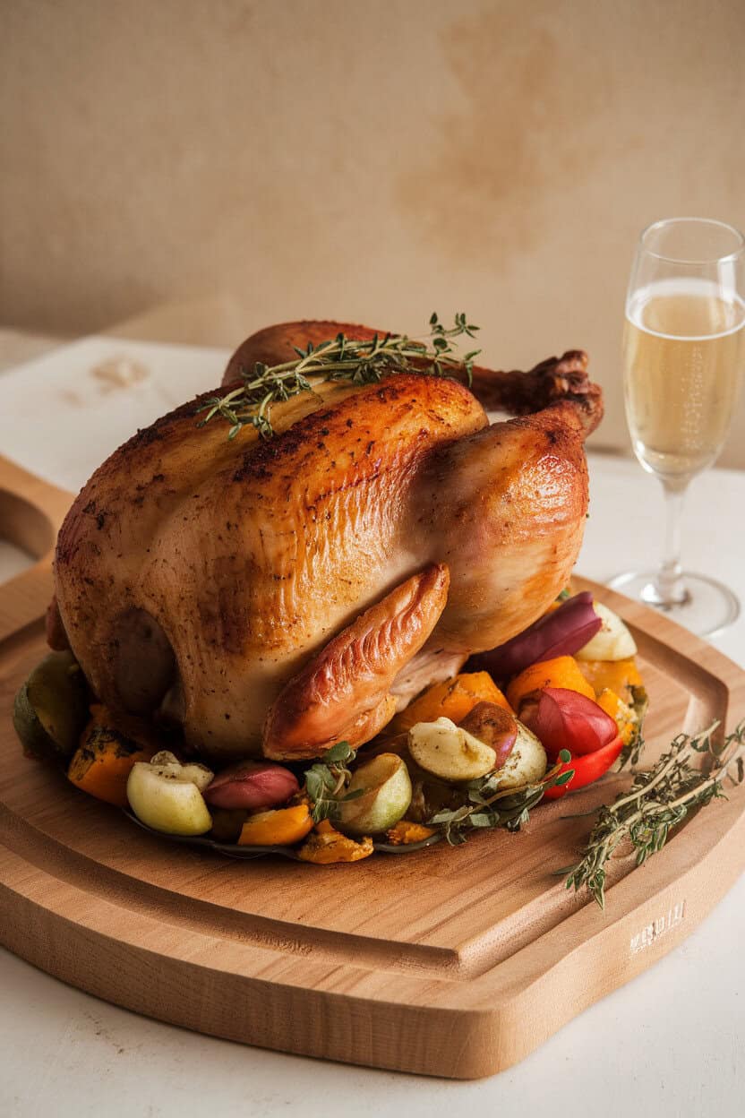 An indoor carving board with a whole roasted chicken, skin bubbling and golden, fresh thyme sprigs and a small glass of champagne beside. No text or logos.