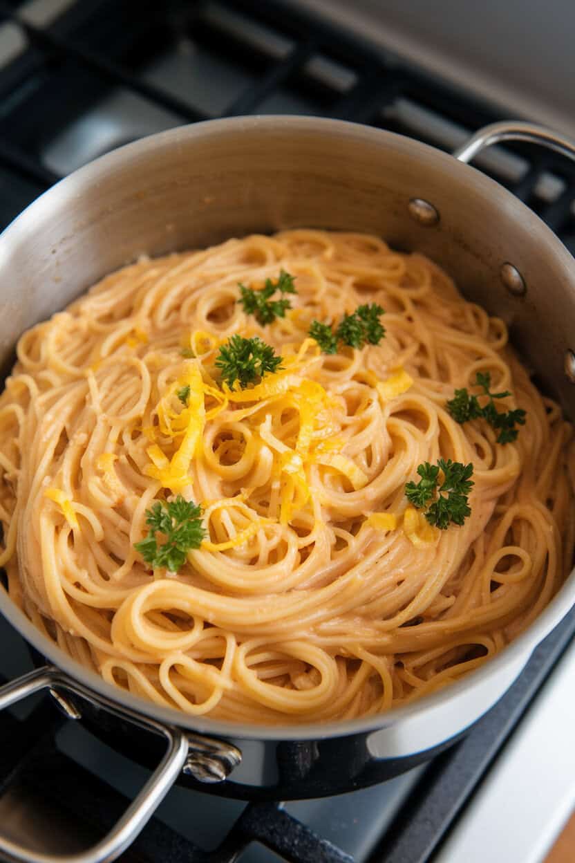Photo of an indoor stovetop scene with a deep pot filled with steaming spaghetti coated in a glossy lemon-garlic sauce, garnished with parsley and lemon zest shavings. Shot from a slight overhead angle, no text or logos anywhere in view.