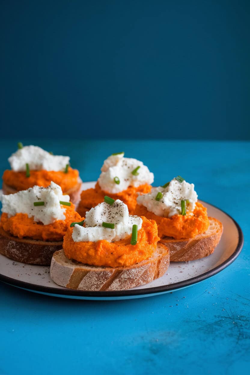 Indoor countertop featuring toasted baguette slices topped with vivid orange sweet-potato mash, dollops of whipped feta, and a sprinkle of chives—soft, even lighting, no text or logos.
