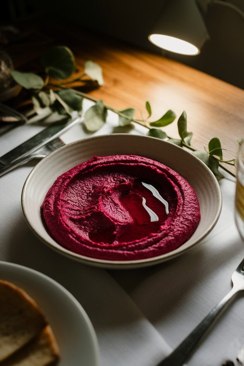 An indoor dinner table with a shallow white bowl of deep-magenta beet hummus, olive-oil drizzle forming small “blood” pools. Soft spotlight from above; no text or logos.