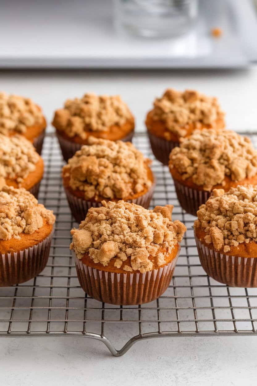 Photo of bakery-style sweet potato muffins topped with crumbly streusel, cooling on a wire rack indoors. No text or logos.