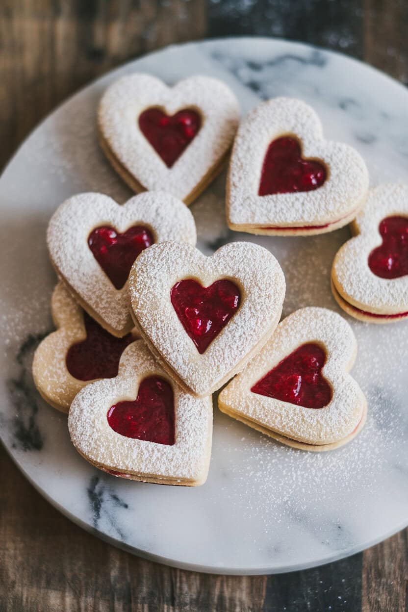 Photo taken indoors of heart-shaped linzer cookies with raspberry jam peeking through cut-out centers, lightly dusted with powdered sugar on a marble board; no logos.
