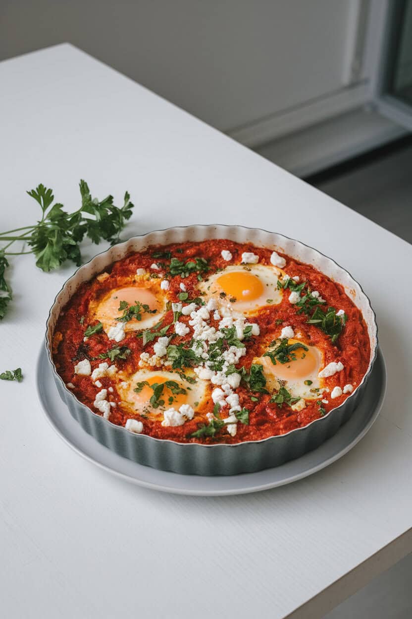 Indoor dining table highlighting a casserole of spiced tomato sauce, baked eggs visible on top, crumbled feta and parsley sprinkled over. No branding or text. Photo.