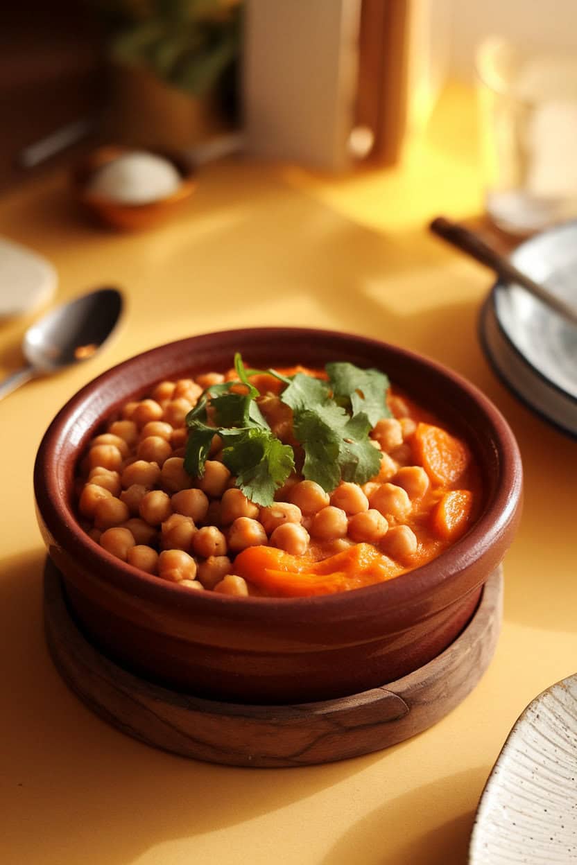A warmly lit indoor earthenware bowl of chickpea tagine, vibrant orange sauce dotted with apricots, topped with cilantro. No text or logos. Photo, not illustration.