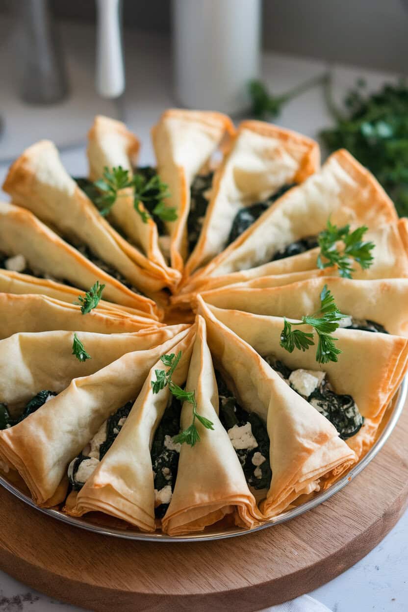Photo of golden phyllo triangles indoors filled with spinach and feta, arranged in a circular pattern on a platter; no text or logos