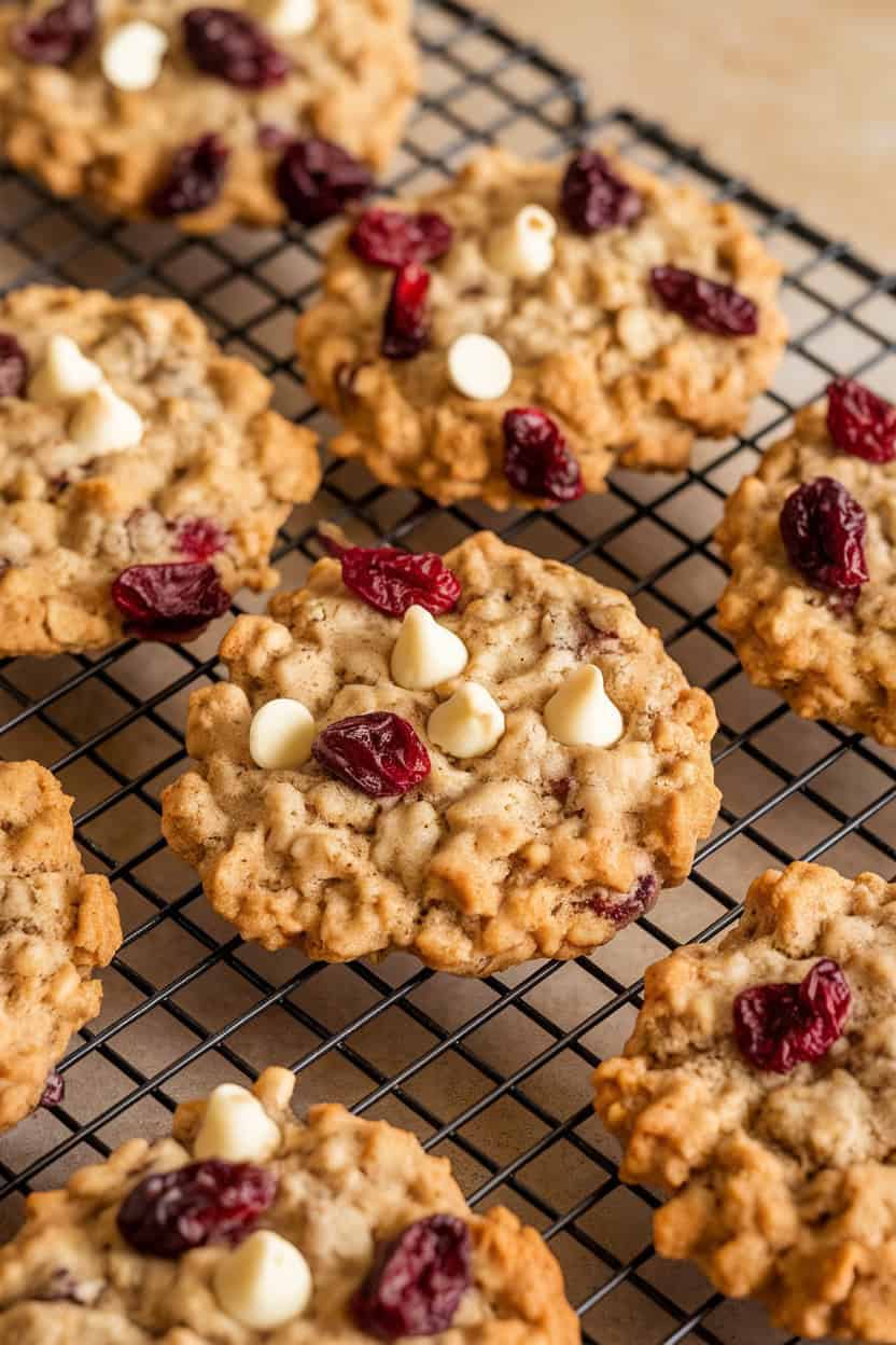 An indoor photo of chunky oatmeal cookies studded with dried cranberries and white chocolate chips on a cooling rack. Warm lighting, no visible text or logos.