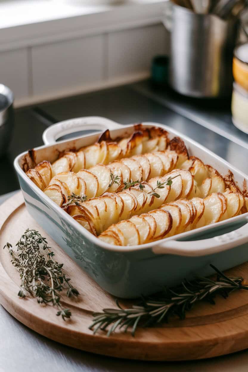 A casserole dish on an indoor counter, layered potato gratin bubbling, edges browned and crispy—no text or logos.