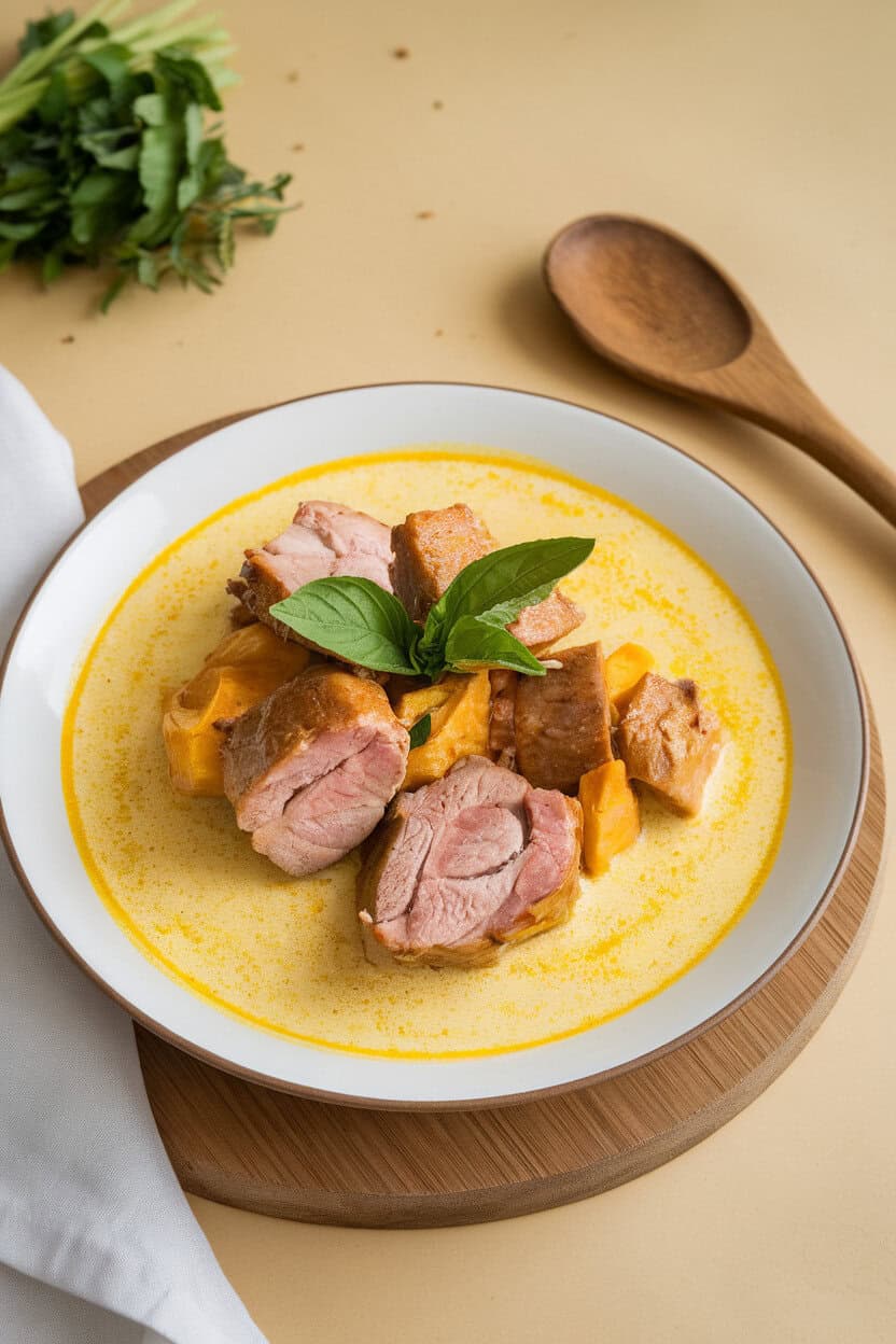 Indoor shot of pork loin pieces in a creamy yellow coconut curry, garnished with Thai basil; no logos or text.
