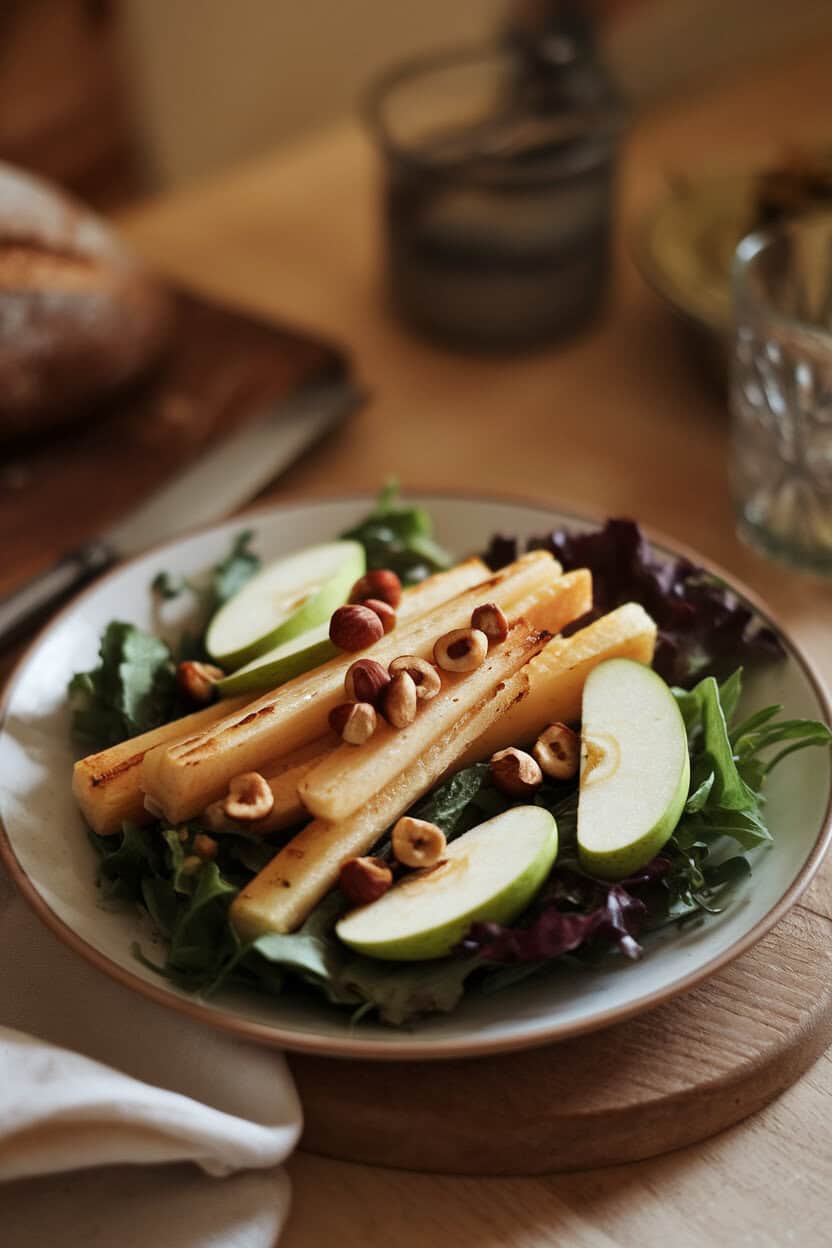Warm indoor scene with a plate of roasted parsnip batons and sliced green apples over mixed greens, toasted hazelnuts scattered. No text or logos. Photo.