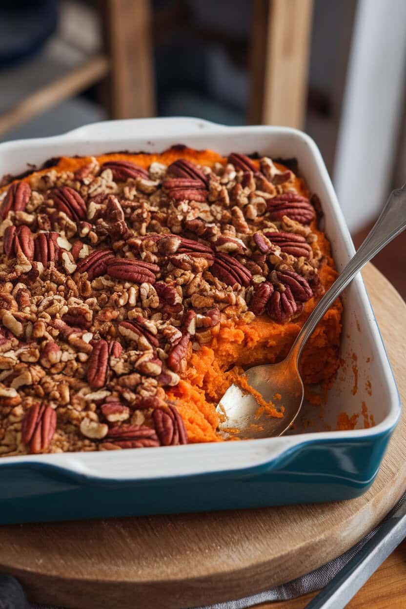 Photo of a baking dish of mashed sweet potato casserole with a browned pecan crumble topping, spoon ready for serving indoors. No text or logos.