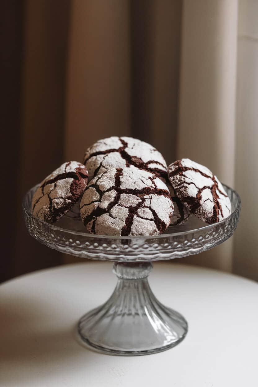 A small indoor cake stand holding chocolate crinkle cookies with dramatic powdered-sugar cracks, set against a softly lit background. No text or logos. Photo, not illustration.
