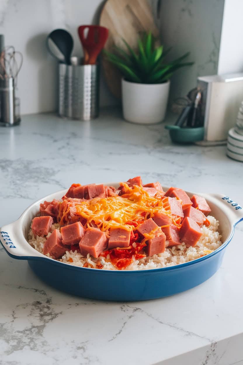 Indoor modern kitchen counter displaying a casserole of fluffy rice mixed with diced Spam and kimchi, melted cheese dotted sparingly on top. No branding or text. Photograph.
