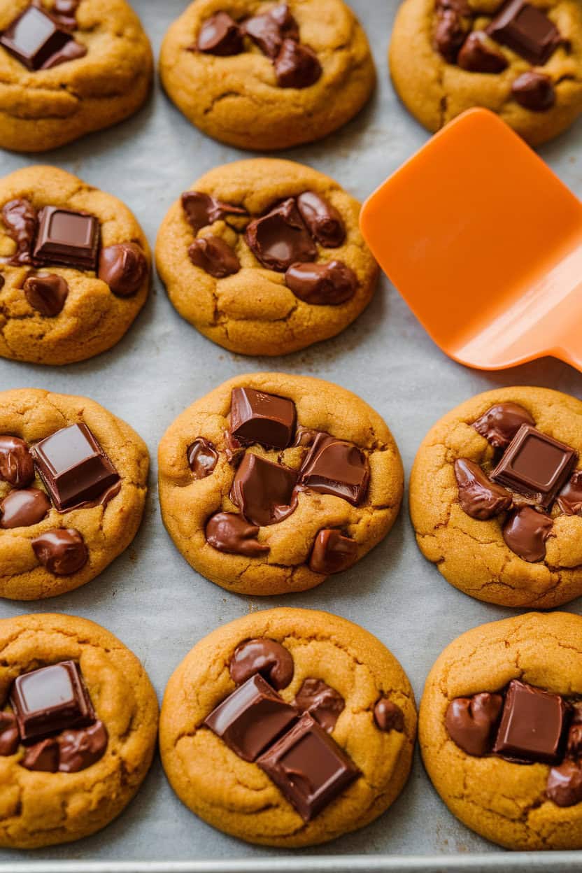 Indoor baking sheet of soft pumpkin cookies studded with melting chocolate chunks, an orange spatula resting beside them. No text or logos anywhere. Photo only.