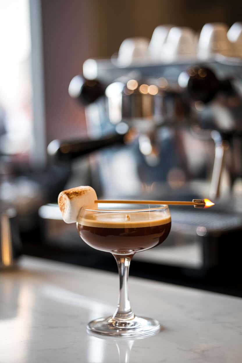 An indoor coffee bar scene with a coupe glass of dark Toasted Marshmallow Espresso Martini, mini marshmallow skewered and lightly torched, espresso machine blurred behind; no text or logos; photo