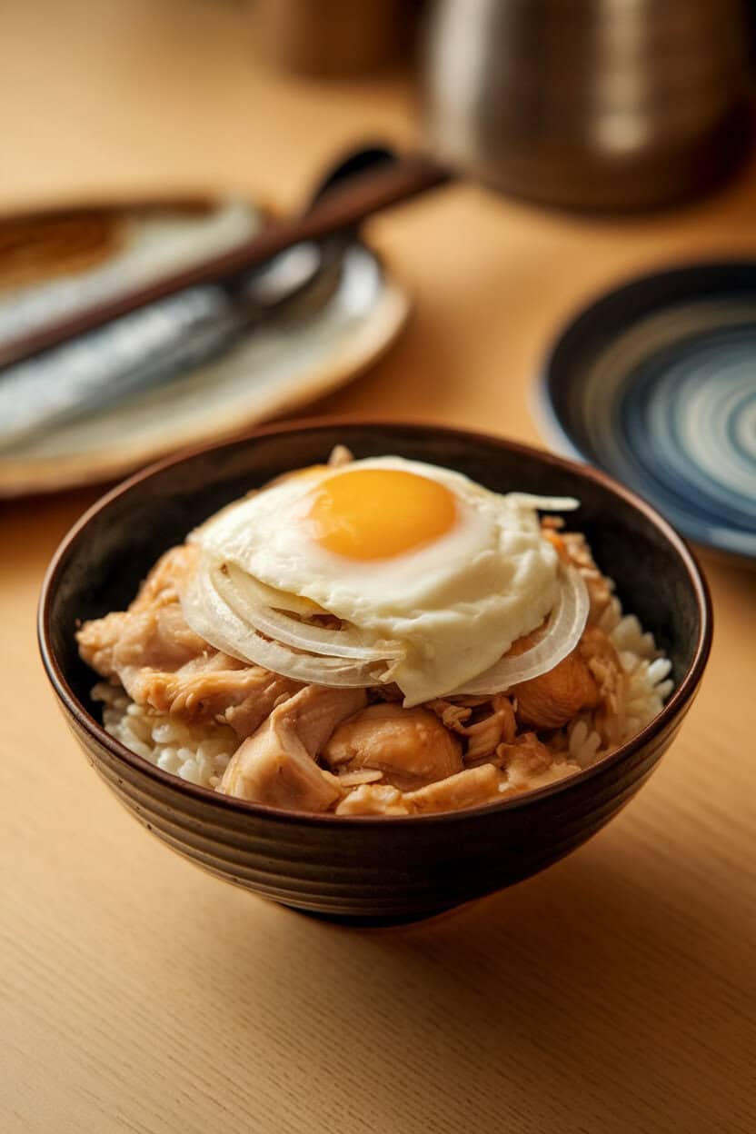 A warm indoor dining scene with a donburi bowl of simmered chicken and onion bound by soft eggs, served over rice. No text or logos anywhere. Photo, not illustration.
