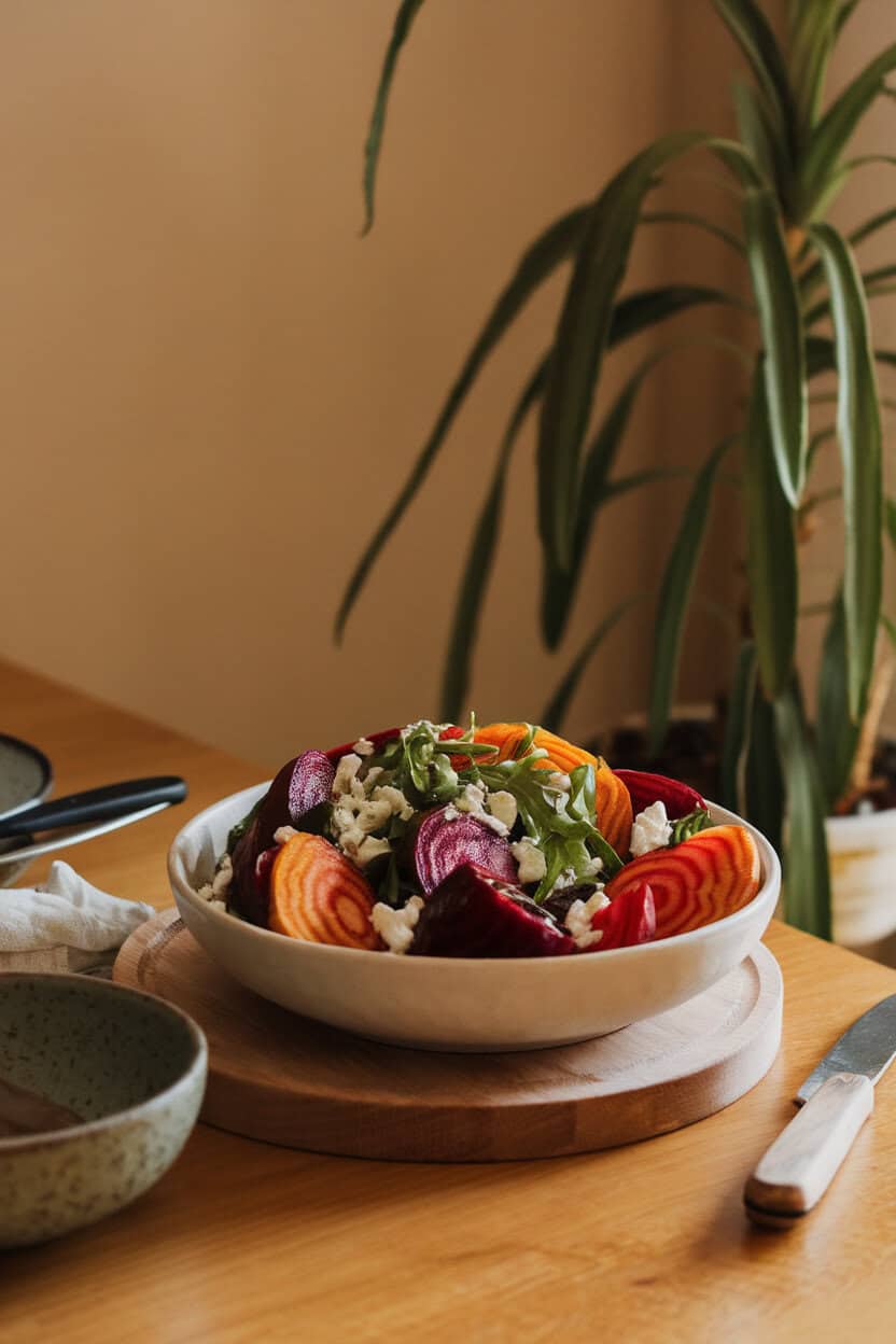 A warmly lit indoor dining table showcasing a white bowl filled with sliced roasted red and golden beets, crumbled goat cheese, and baby arugula, drizzled with balsamic glaze. Soft shadows, no text or logos anywhere in the scene. Photo, not illustration.