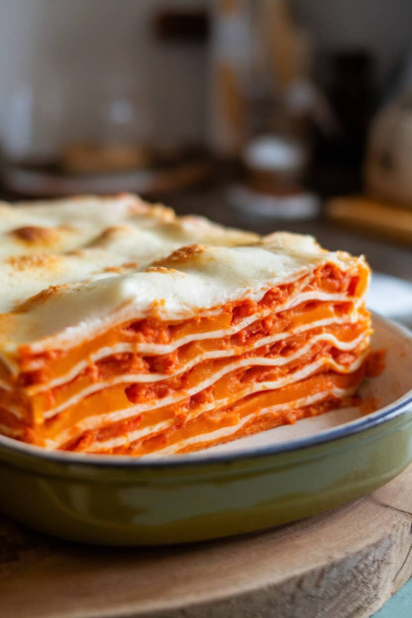 A slice of layered lasagna with orange squash filling and stretchy mozzarella, plated on an indoor ceramic dish. No logos; photo, not illustration.