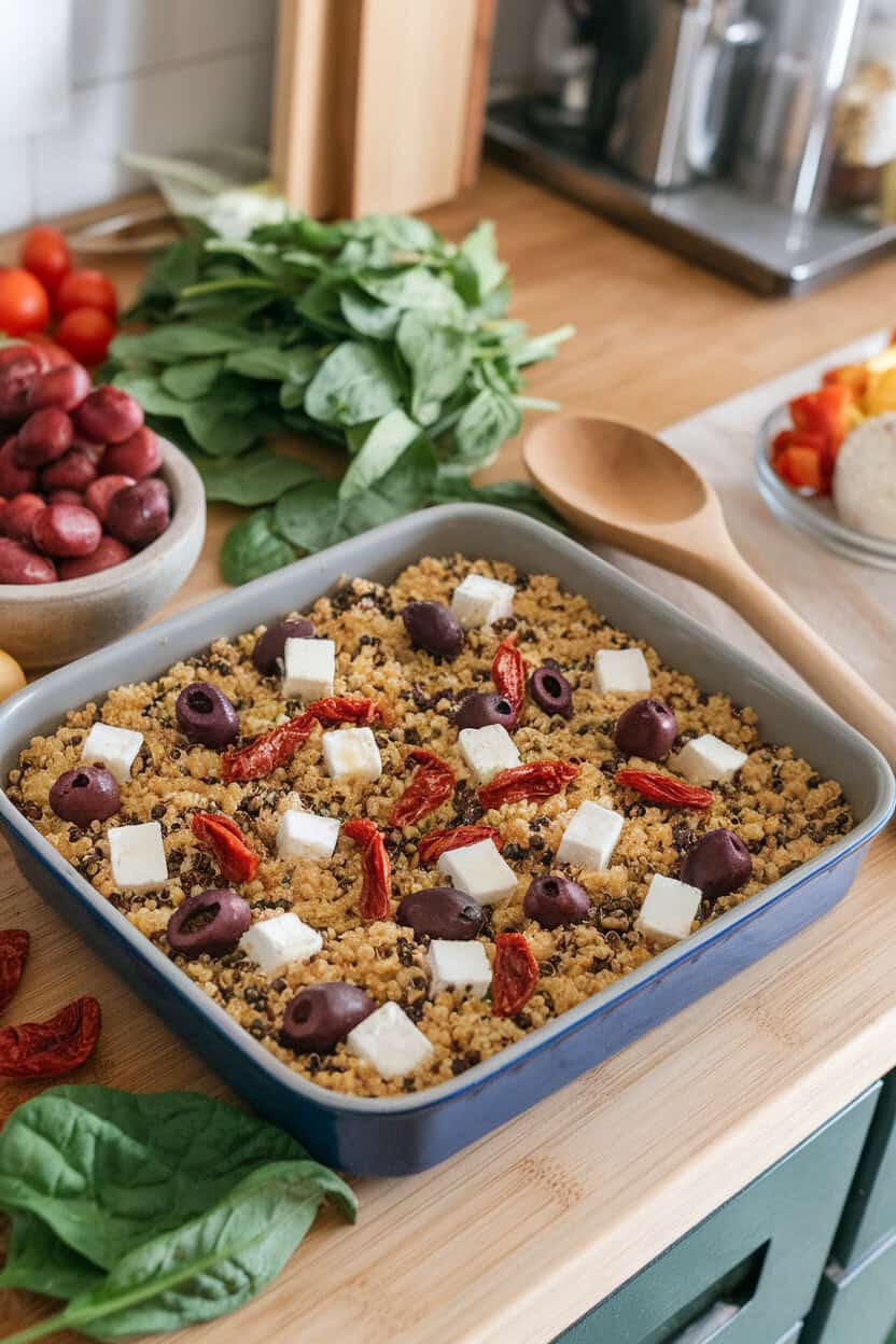 Indoor kitchen counter with a colorful quinoa casserole featuring olives, feta, spinach, and sun-dried tomatoes. Photo only, no text or logos.