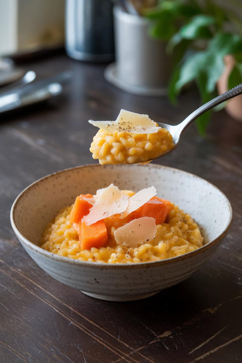 Photo of a spoonful of creamy risotto dotted with sweet potato cubes and Parmesan shavings, poised above a bowl on an indoor table. No text or logos.