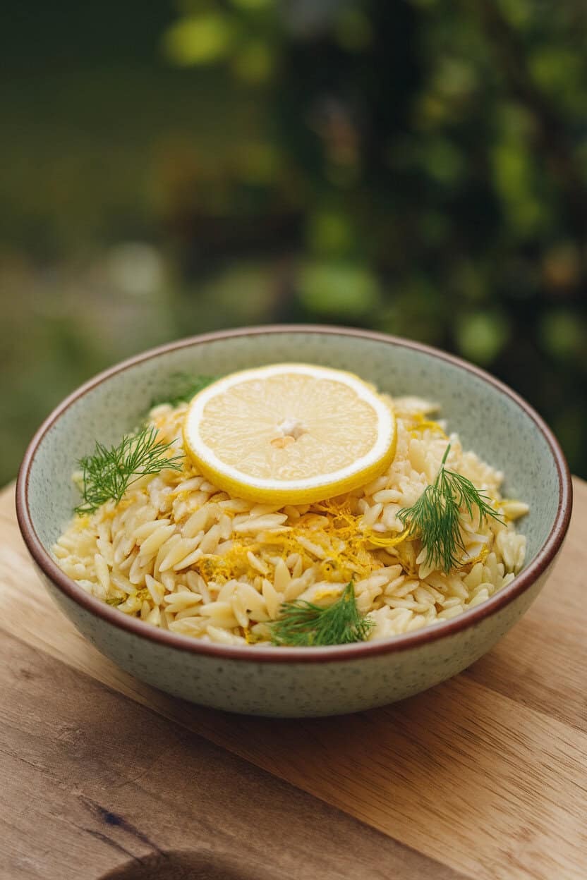 A simple indoor bowl of cooked orzo pasta tossed with fresh dill and lemon zest, a thin lemon slice resting on top. Soft ambient light; no text or logos. Photo only.