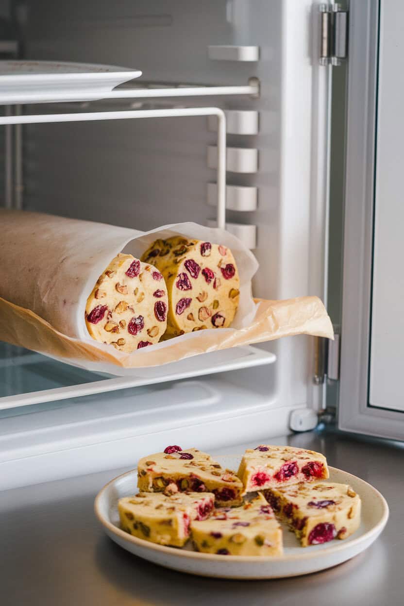 Photo prompt: Indoor refrigerator door open, revealing a log of cranberry pistachio cookie dough wrapped in parchment, with baked slices plated on the counter. No text or logos.