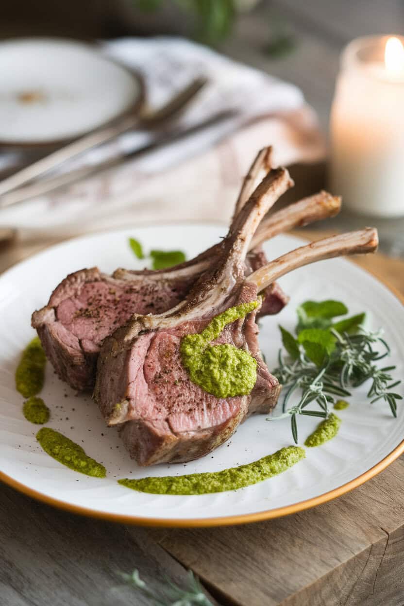 Photo of seared lamb chops on a white plate drizzled with bright green mint pesto, indoor table setting, no text or logos.