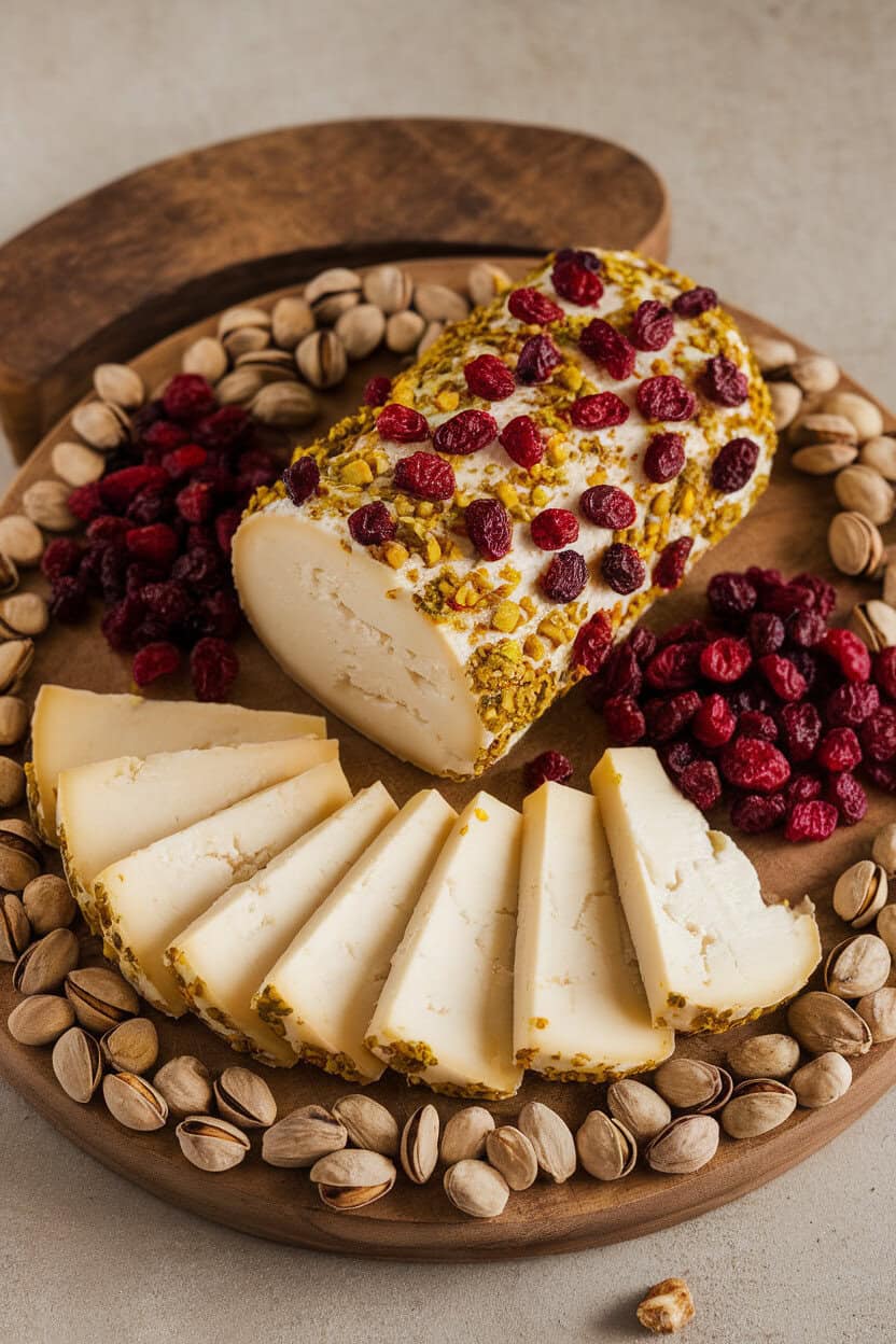 An indoor cheese board photo of a goat cheese log rolled in dried cranberries and crushed pistachios, slices fanned out beside crackers. No text or logos visible.