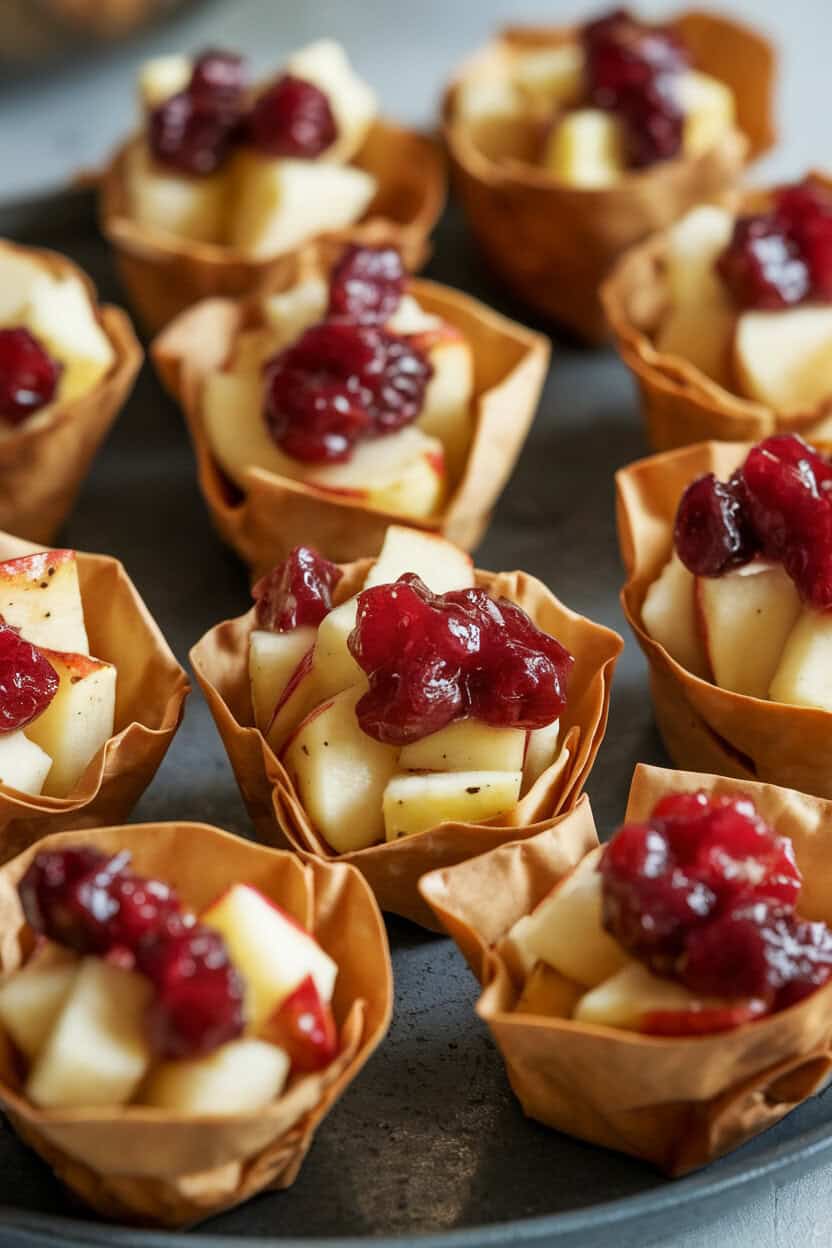 Mini phyllo cups on an indoor platter, each filled with melted brie and topped with diced roasted apple glazed in crimson cranberry sauce, giving a “poisoned” sheen. No text or logos. Photo only.