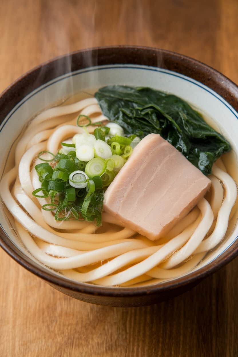 An indoor bowl of steaming udon noodles in clear dashi broth, topped with sliced green onions, a piece of kamaboko fish cake, and cooked spinach. No text or logos visible. Photo, not illustration.