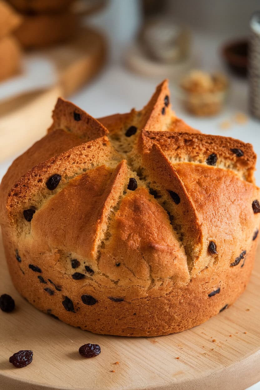 Indoor photo of a round soda bread loaf with a deep cross on top, raisins peeking out, no logos or text.