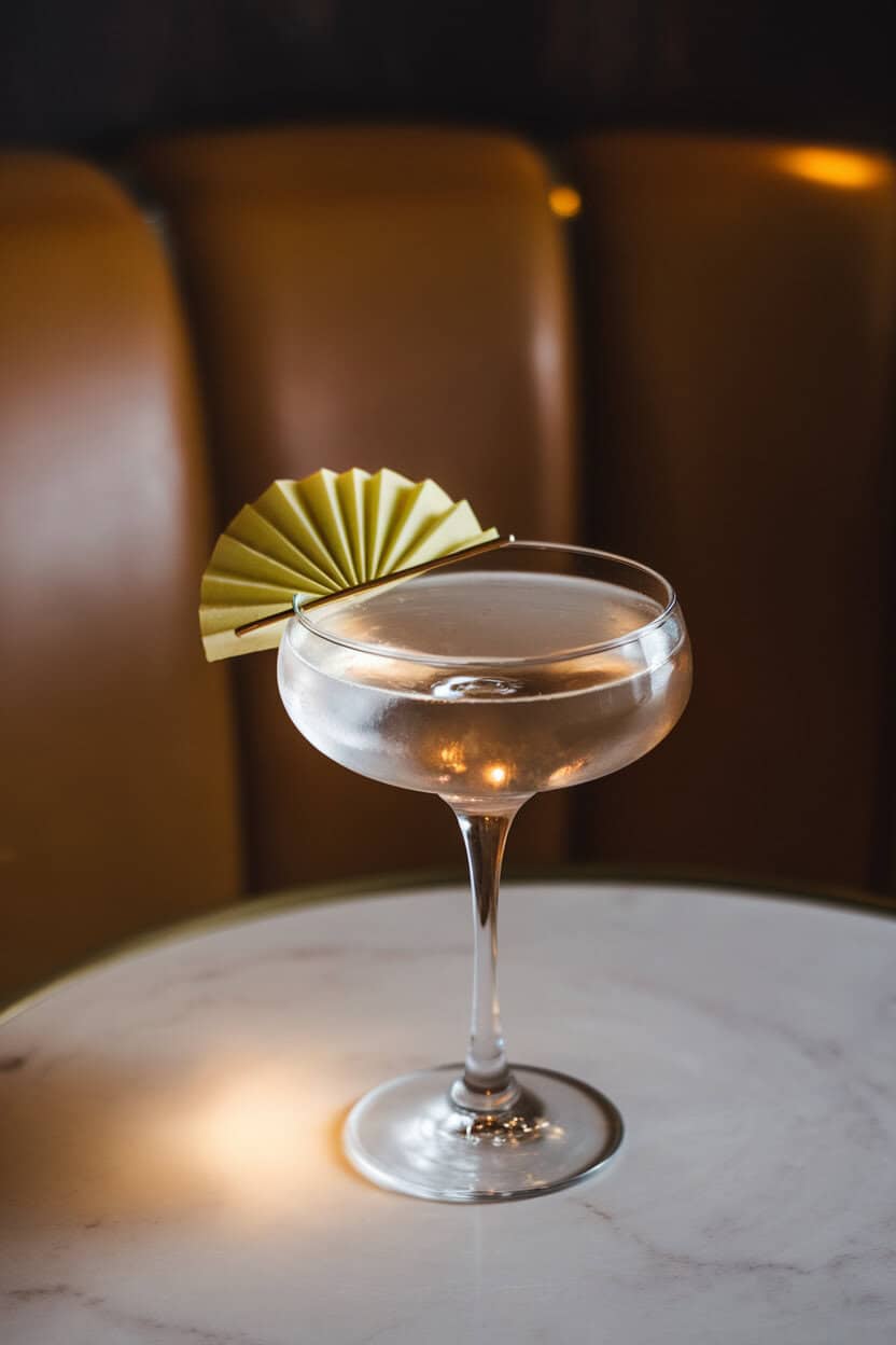 An indoor cocktail lounge table with a chilled martini glass of clear Cardamom Pear Martini, thin pear fan garnish, muted uplighting; no text or logos; photo