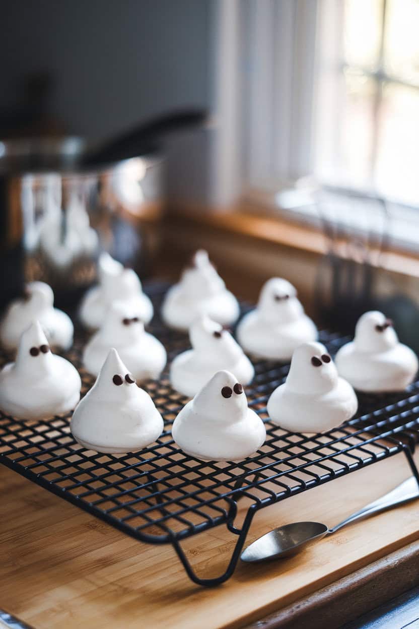 Photo, not illustration — indoor cooling rack with crisp white meringue dollops shaped like ghosts, mini chocolate chip eyes; gentle afternoon light, no text or logos