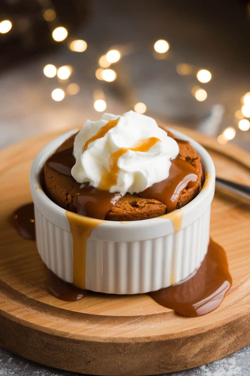 An indoor dessert table featuring a single-serve ramekin of sticky gingerbread pudding topped with warm toffee sauce and a dollop of whipped cream. Soft fairy-light glow in the background; no text or logos.