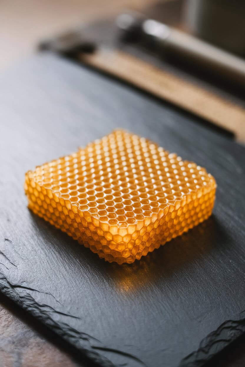 Indoor macro shot of a square of golden honeycomb on a slate board, light catching the hexagonal cells. No text or logos.