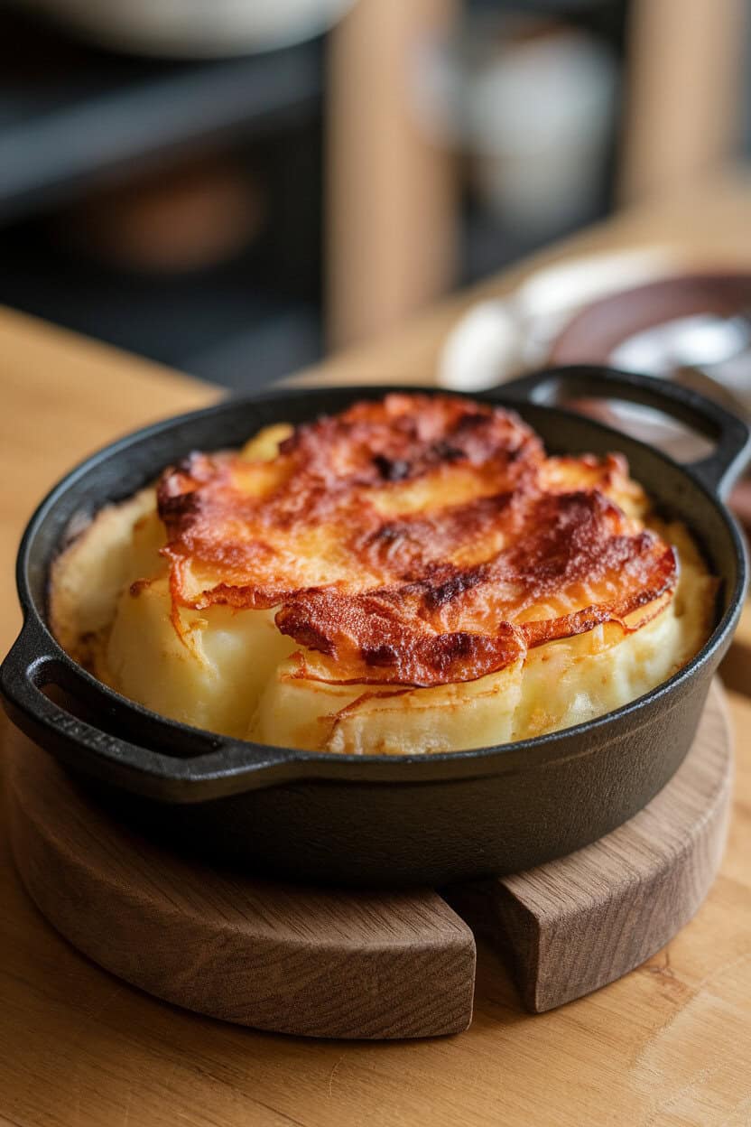 Photo of creamy scalloped potatoes with browned smoked Gouda crust in a cast-iron dish, indoors on a wooden trivet. No text or logos.