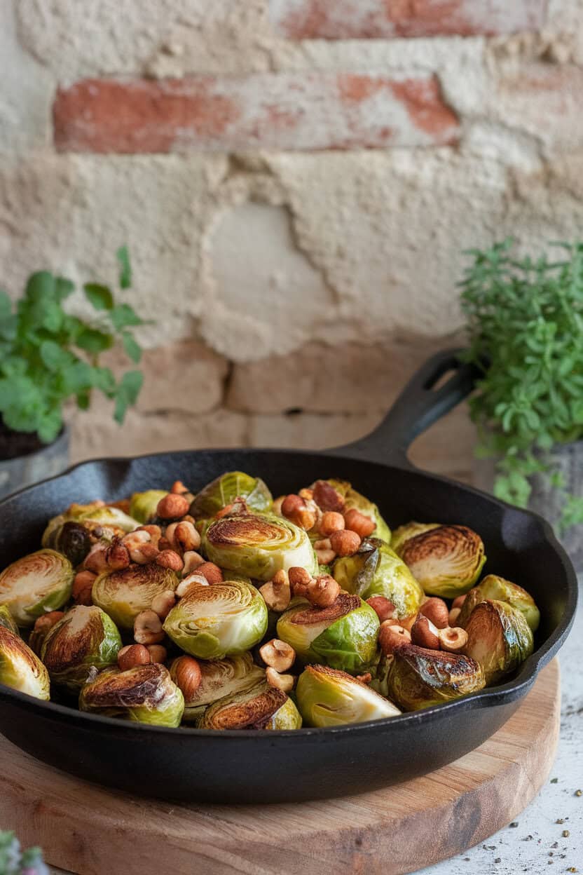 Photo of skillet-roasted Brussels sprouts coated in brown butter and toasted hazelnuts, placed on an indoor countertop. No text or logos visible.
