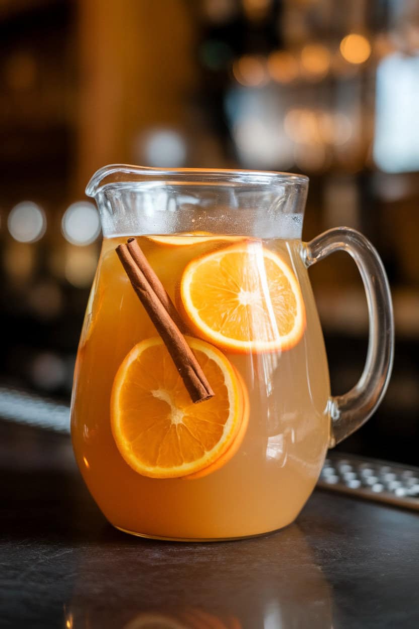 A clear glass pitcher of chilled apple cider punch with orange slices and cinnamon sticks inside, photographed on an indoor bar. No text or logos. Photo, not illustration.