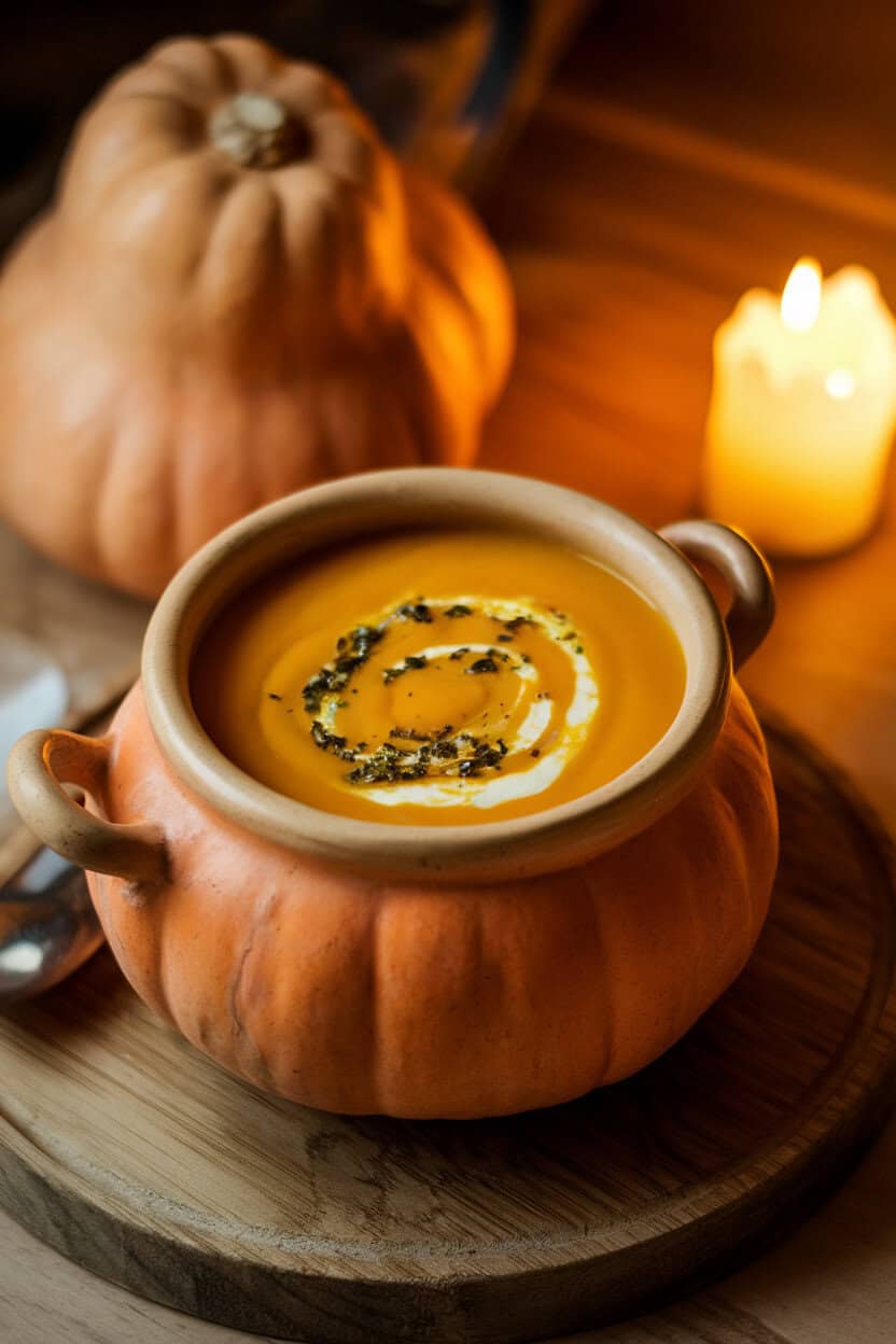 Photo, not illustration — indoor soup tureen of velvety orange butternut squash soup, a swirl of green herbed cream on top for a bubbling cauldron look; warm candlelight, no text or logos