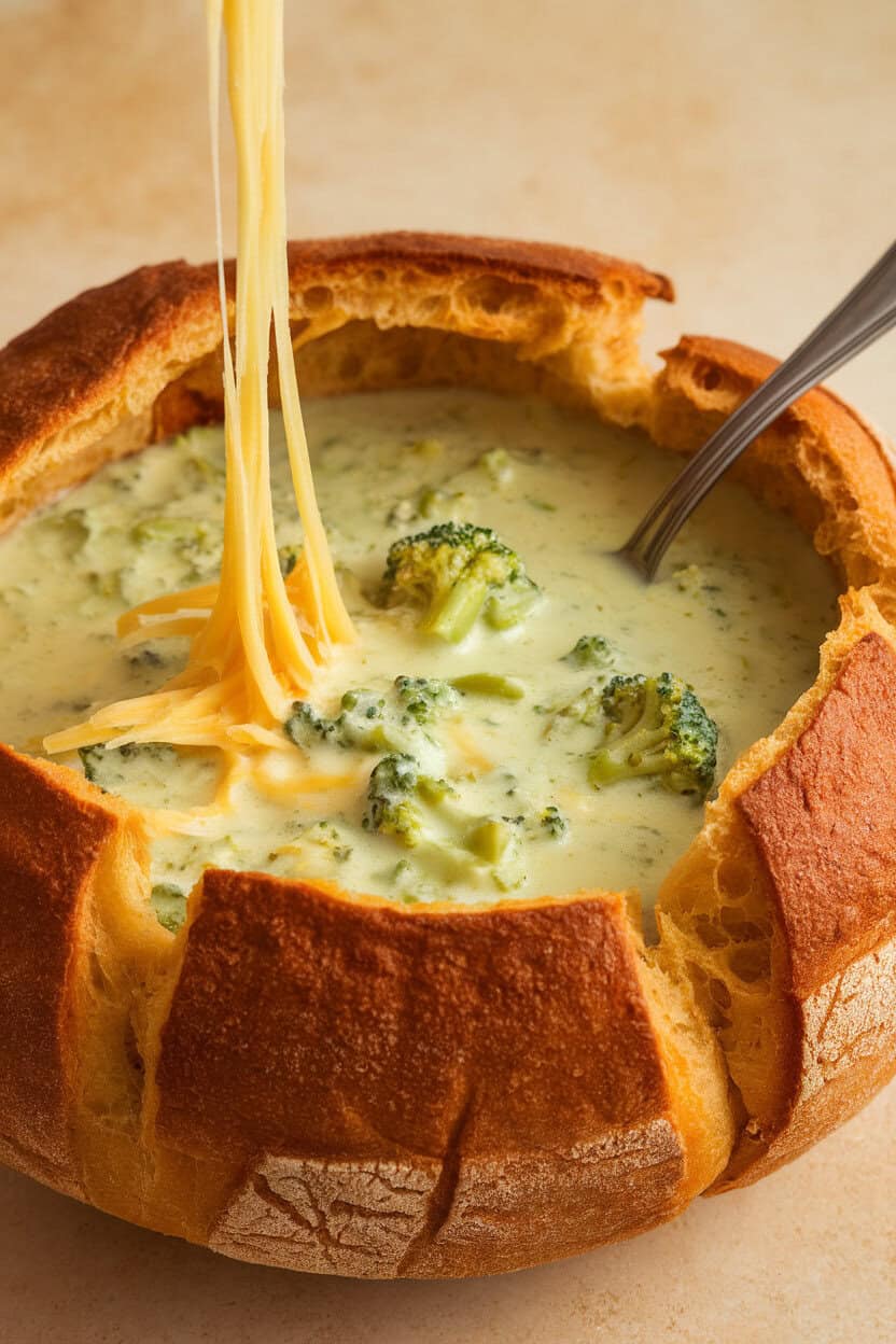 An indoor close-up of creamy broccoli cheddar soup served inside a hollowed round bread bowl, cheese strands stretching from spoon to bowl. No text or logos. Photo, not illustration.