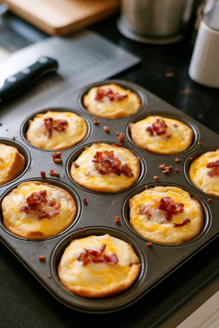 A muffin tin on a kitchen counter filled with small quiches showing golden tops and bits of bacon. No text or logos.