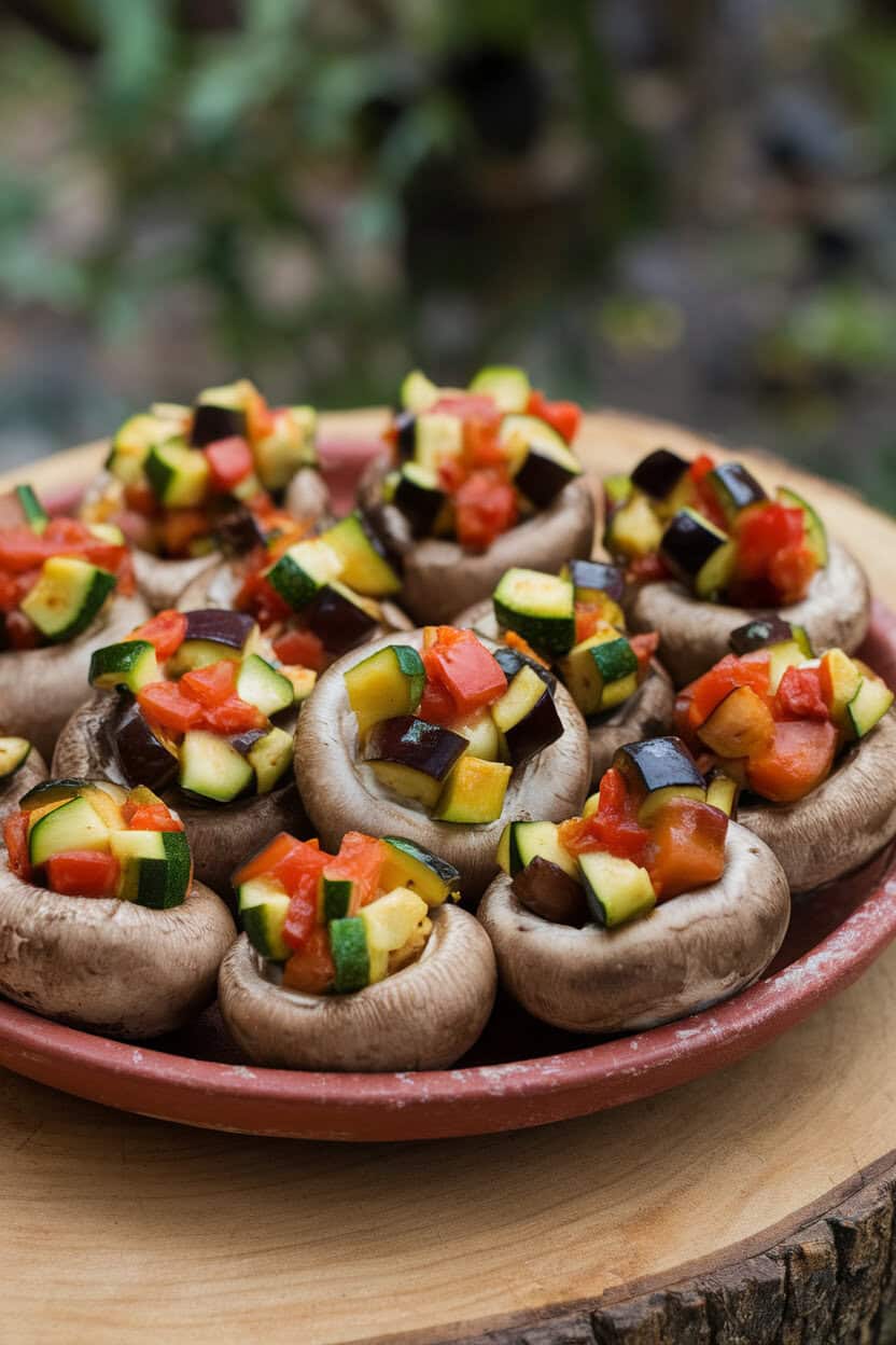 Photo indoors of a rustic earthenware plate topped with mushrooms filled with colorful diced zucchini, eggplant, and tomato, lightly charred. No text or logos.