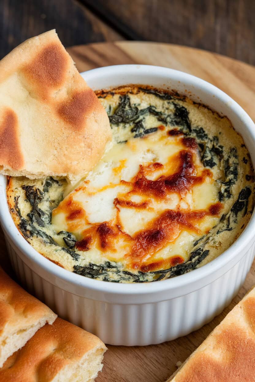 An indoor ramekin of bubbling spinach-artichoke dip with molten Brie visible, served alongside pita chips. No text or logos. Photo only.