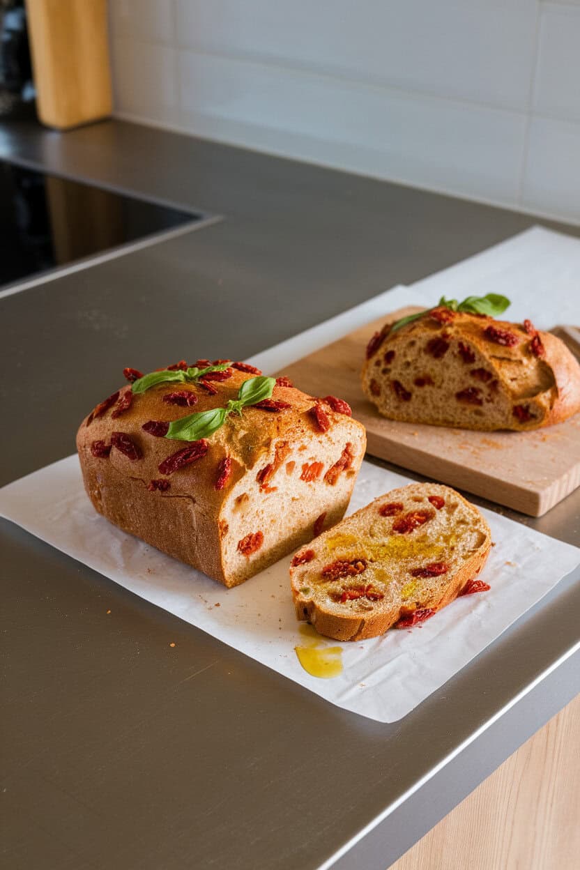 Indoor kitchen counter with a loaf flecked by sun-dried tomato bits and basil ribbons, slice cut and olive oil drizzle beside it. No logos or text.