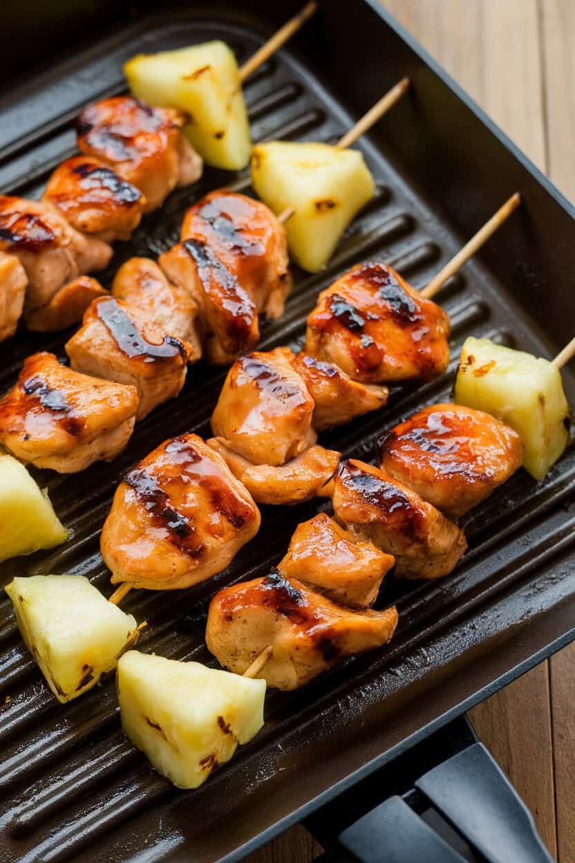 An indoor tabletop grill pan holding glazed teriyaki chicken skewers, pineapple chunks interspersed; no text or logos; photo