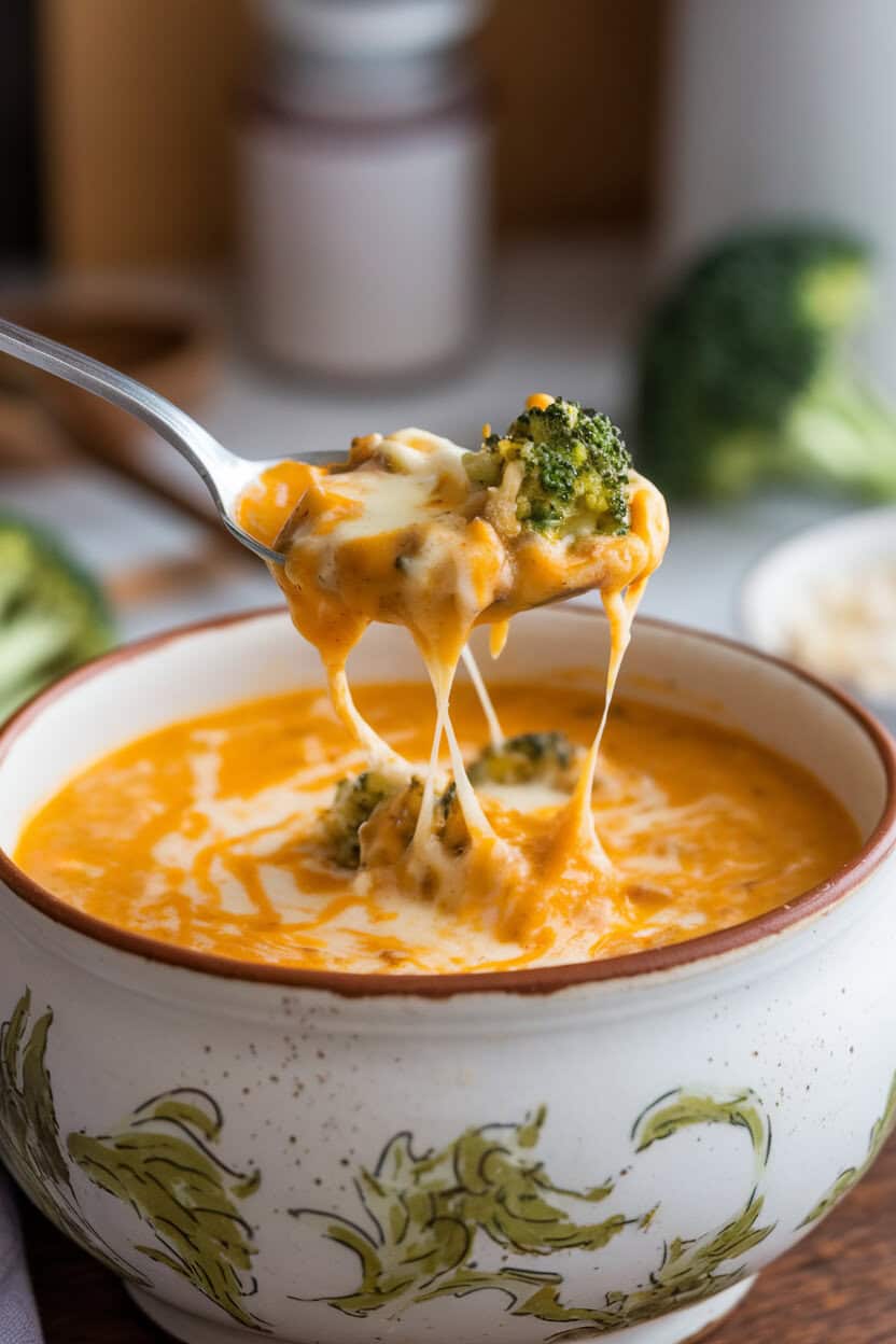 Indoor shot of a spoon lifting gooey broccoli cheddar soup from a porcelain bowl, flecks of melted cheese visible. Photo only, no text or logos