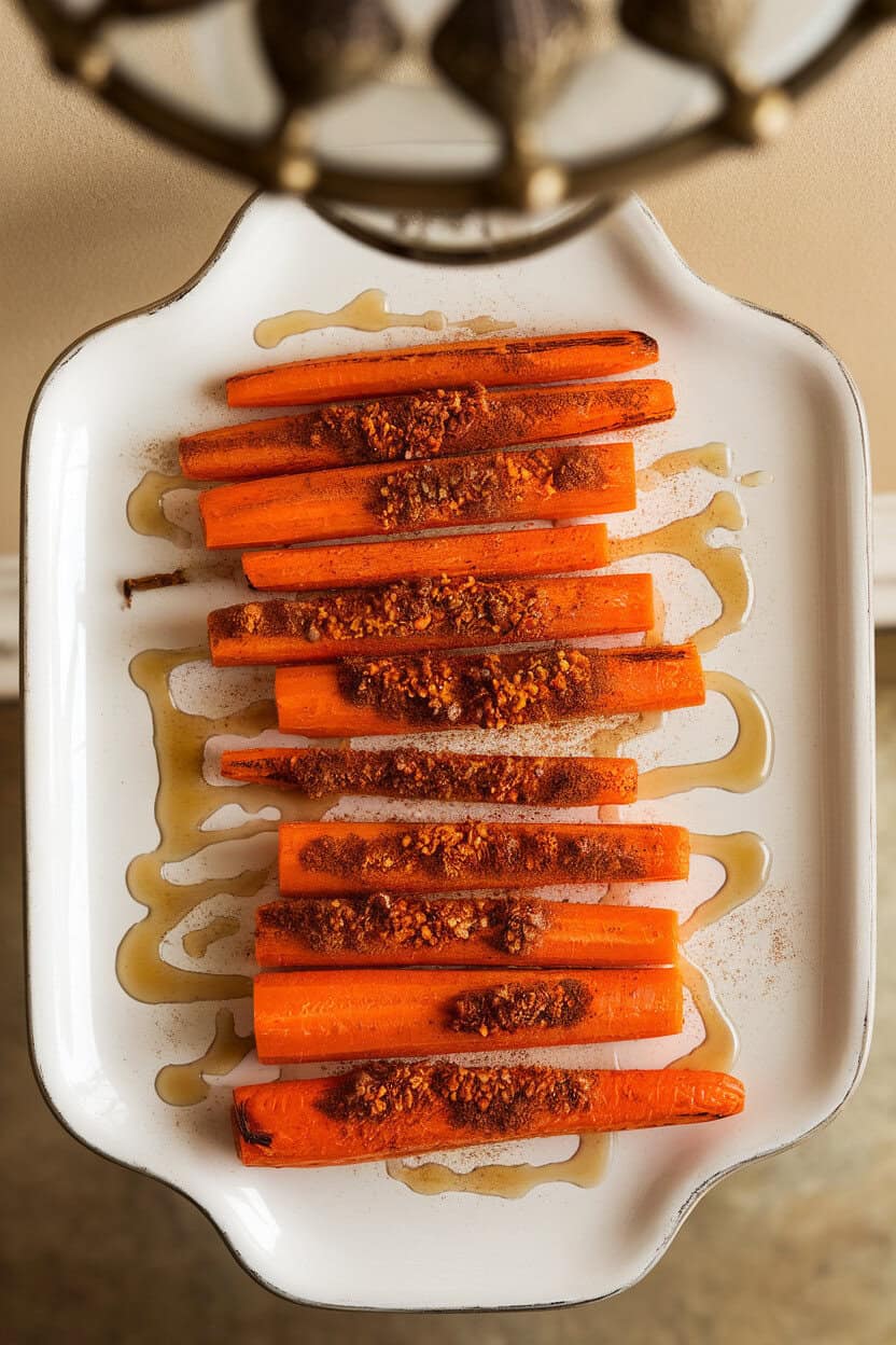Indoor photo of roasted carrot sticks dusted with gingerbread spices and a drizzle of honey on a white platter. No text or logos.