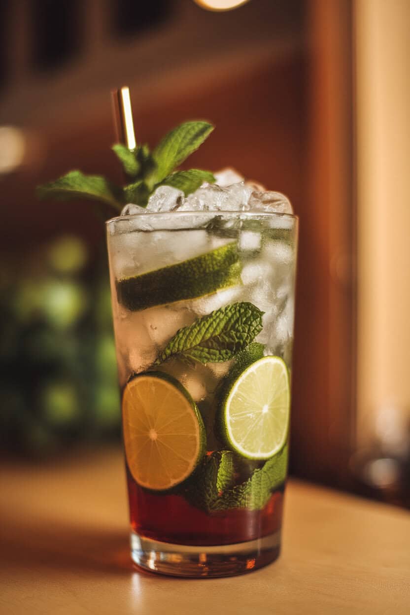 Photo of a highball glass filled with a dark rum mojito, crushed ice piled high, mint sprigs and lime wheels nestled throughout. Indoor lighting, no logos or text.